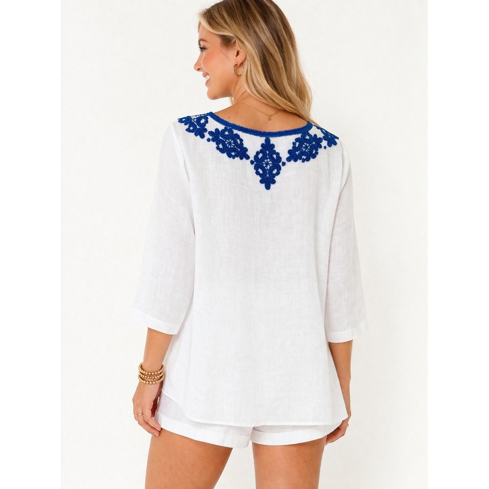 Lilly Pulitzer Elyn Beaded Linen Top White Embroidered Size 12 Resort Vacation‎ - Picture 2 of 9